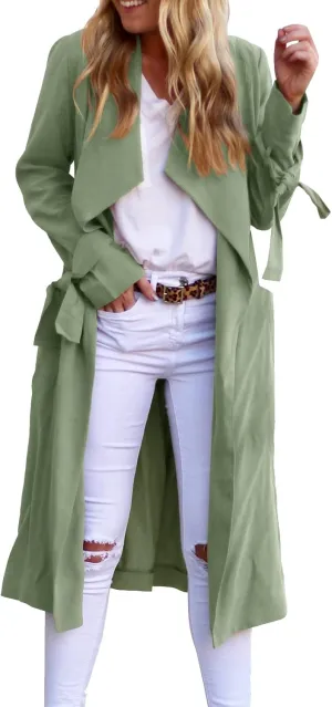 Women's Open Front Long Trench Coats Long Sleeve Slim Casual Pockted Windproof Overcoat with Belt Women Zip Down