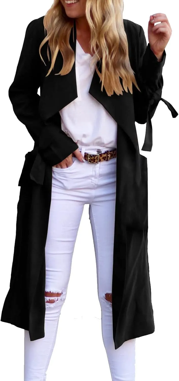 Women's Open Front Long Trench Coats Long Sleeve Slim Casual Pockted Windproof Overcoat with Belt Women Zip Down