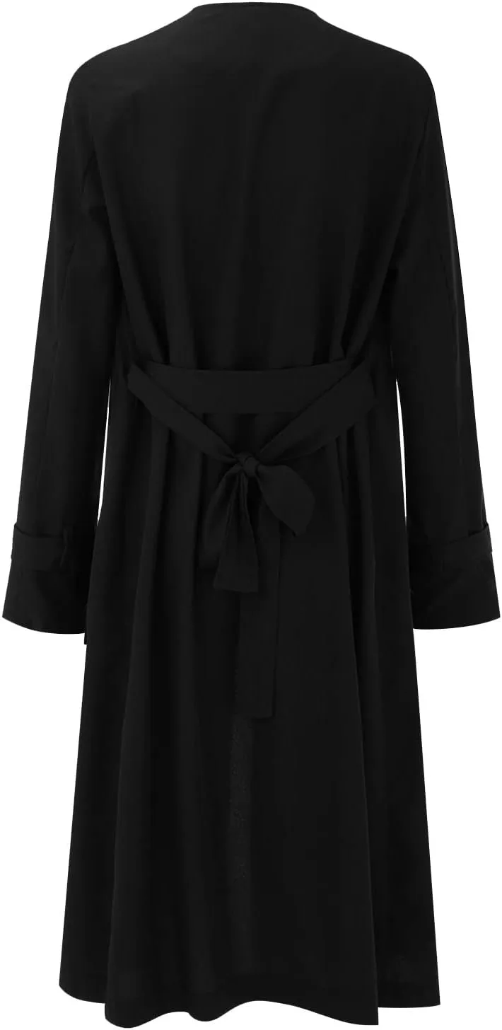 Women's Open Front Long Trench Coats Long Sleeve Slim Casual Pockted Windproof Overcoat with Belt Women Zip Down