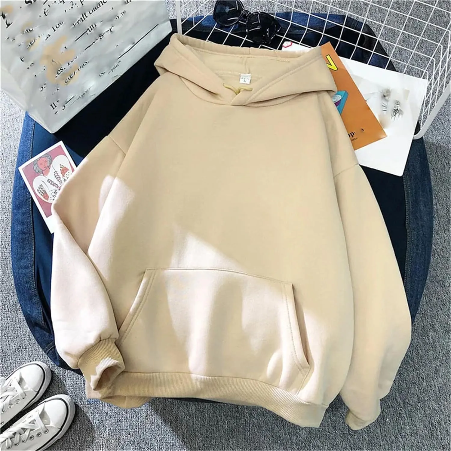 Women's Oversized Hooded Sweatshirt Long Sleeve Casual Solid Color Street Pullover Hoodie