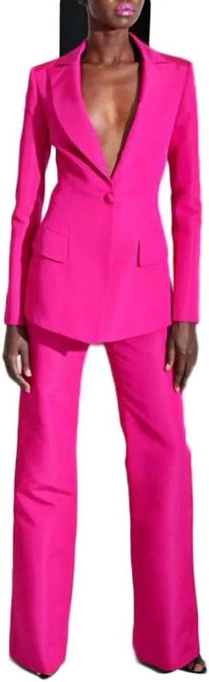 Women's Peak Lapel Hot Pink Business Suits 2 Pieces One Botton Wedding Groom Tuxedos M
