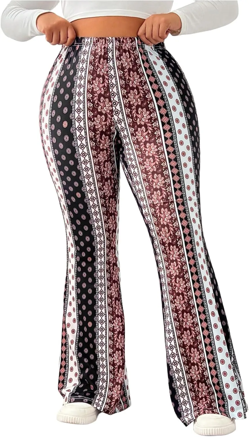 Women's Plus Size Boho Floral Flare Leggings High Waisted Skinny Casual Bell Bottoms Long Trousers