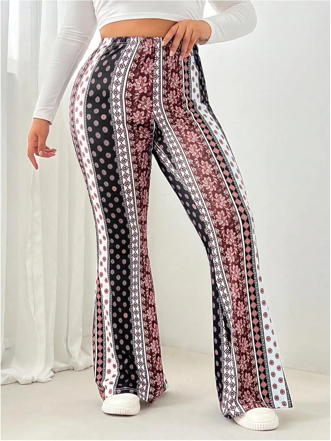 Women's Plus Size Boho Floral Flare Leggings High Waisted Skinny Casual Bell Bottoms Long Trousers