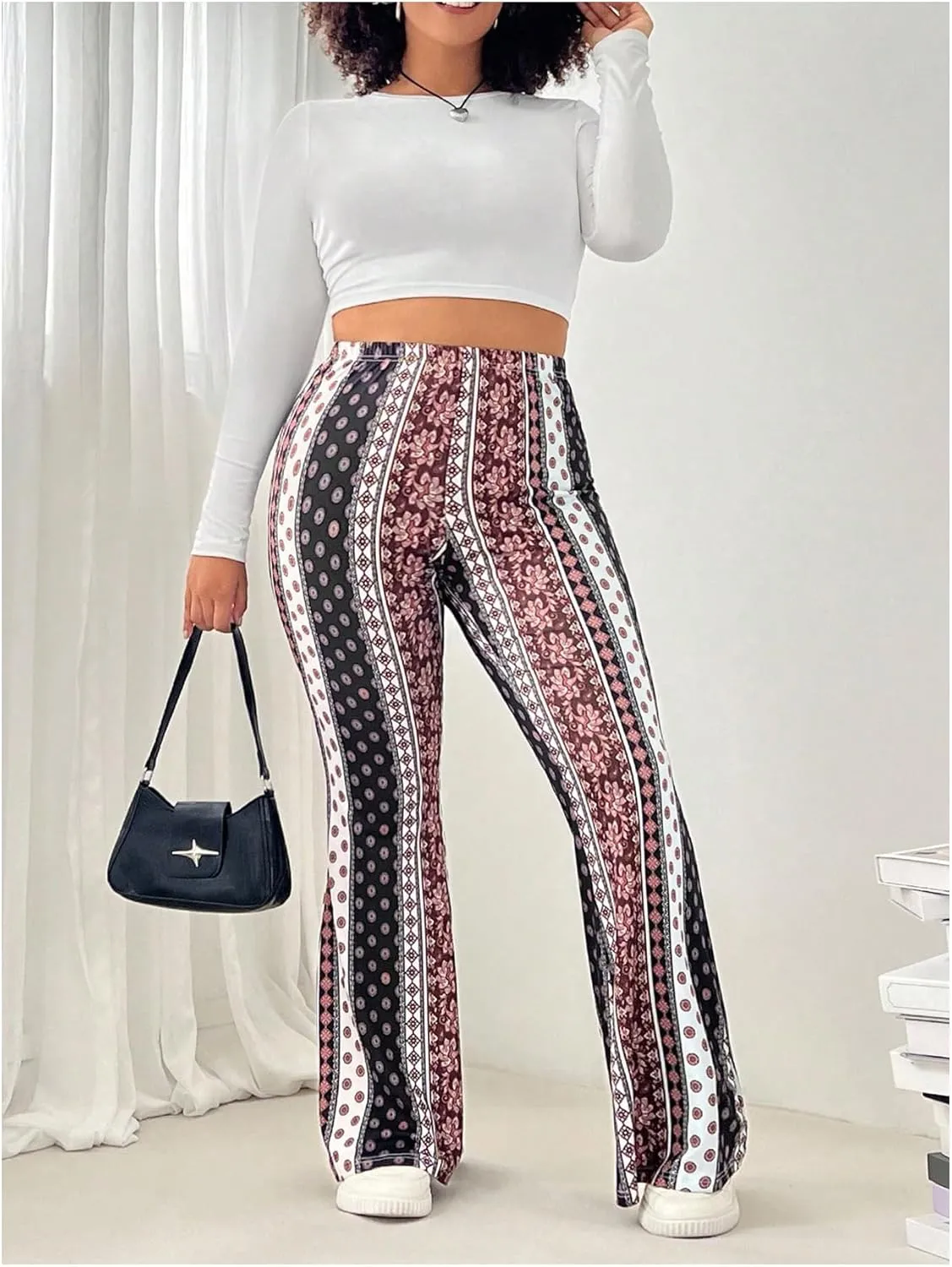 Women's Plus Size Boho Floral Flare Leggings High Waisted Skinny Casual Bell Bottoms Long Trousers
