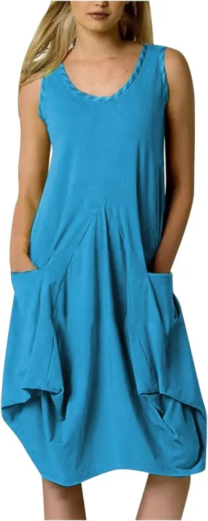 Women's Plus Size Casual Summer T Shirt Dresses Swing Tank Swing Beach Sundress with Pockets
