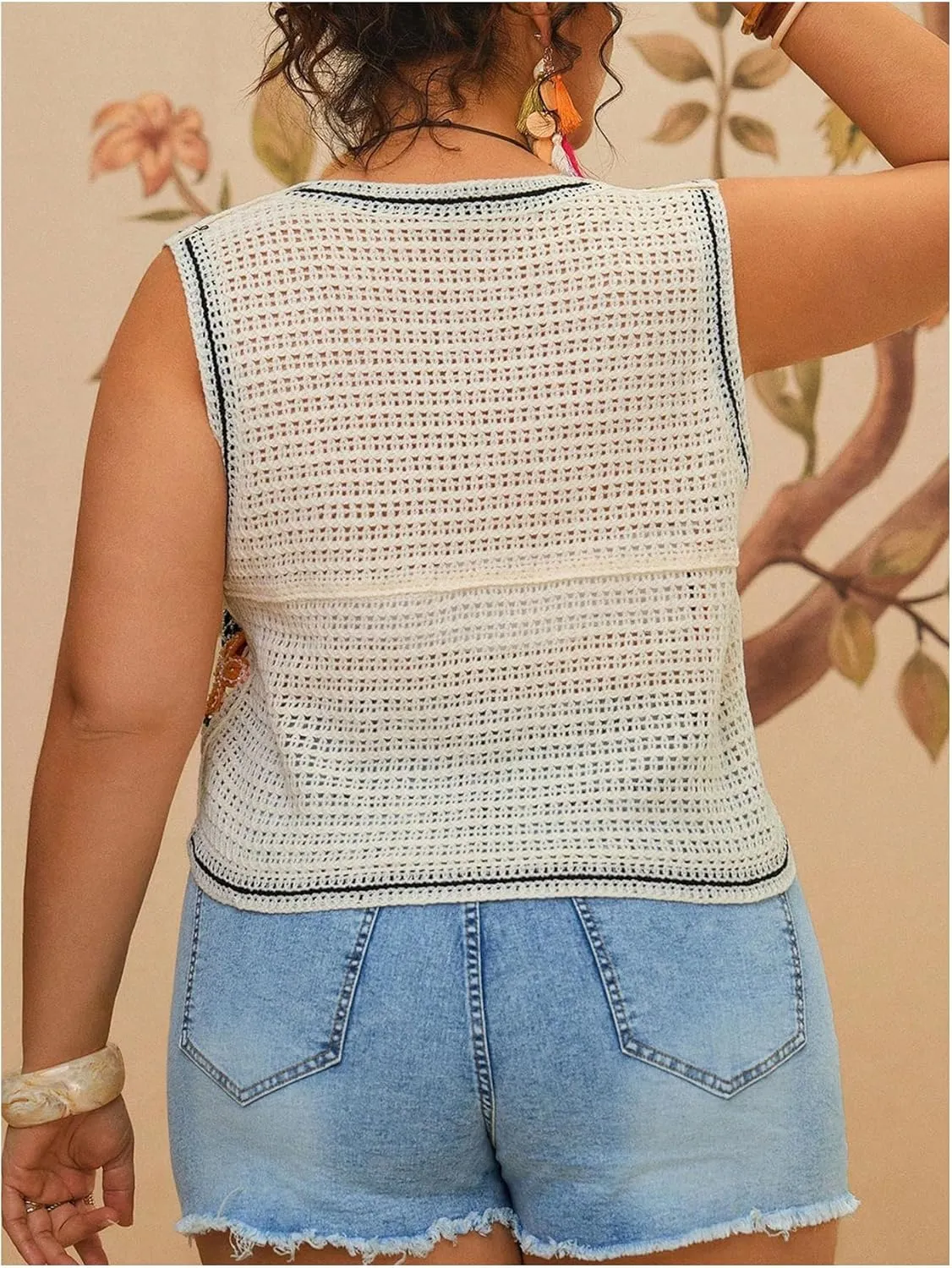 Women's Plus Size Floral Crochet Knit Sweater Vest Button Down V Neck Sleeveless Boho Cardigan