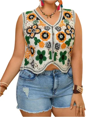Women's Plus Size Floral Crochet Knit Sweater Vest Button Down V Neck Sleeveless Boho Cardigan