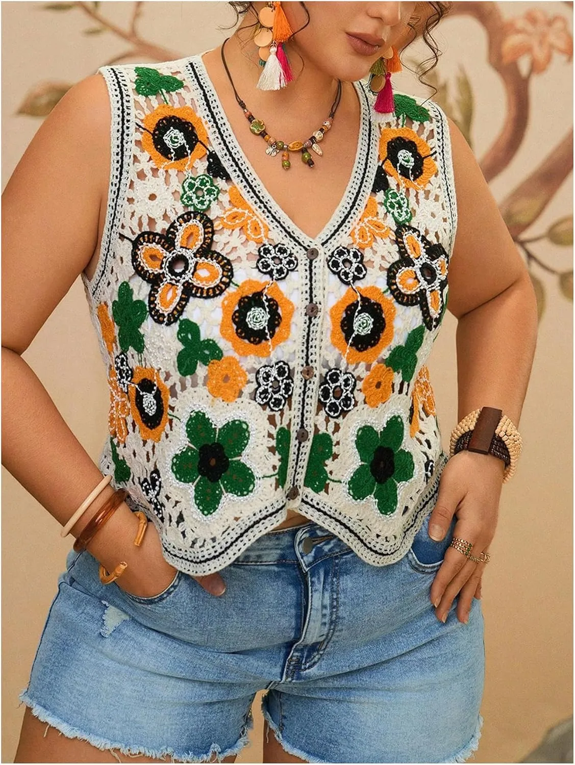 Women's Plus Size Floral Crochet Knit Sweater Vest Button Down V Neck Sleeveless Boho Cardigan