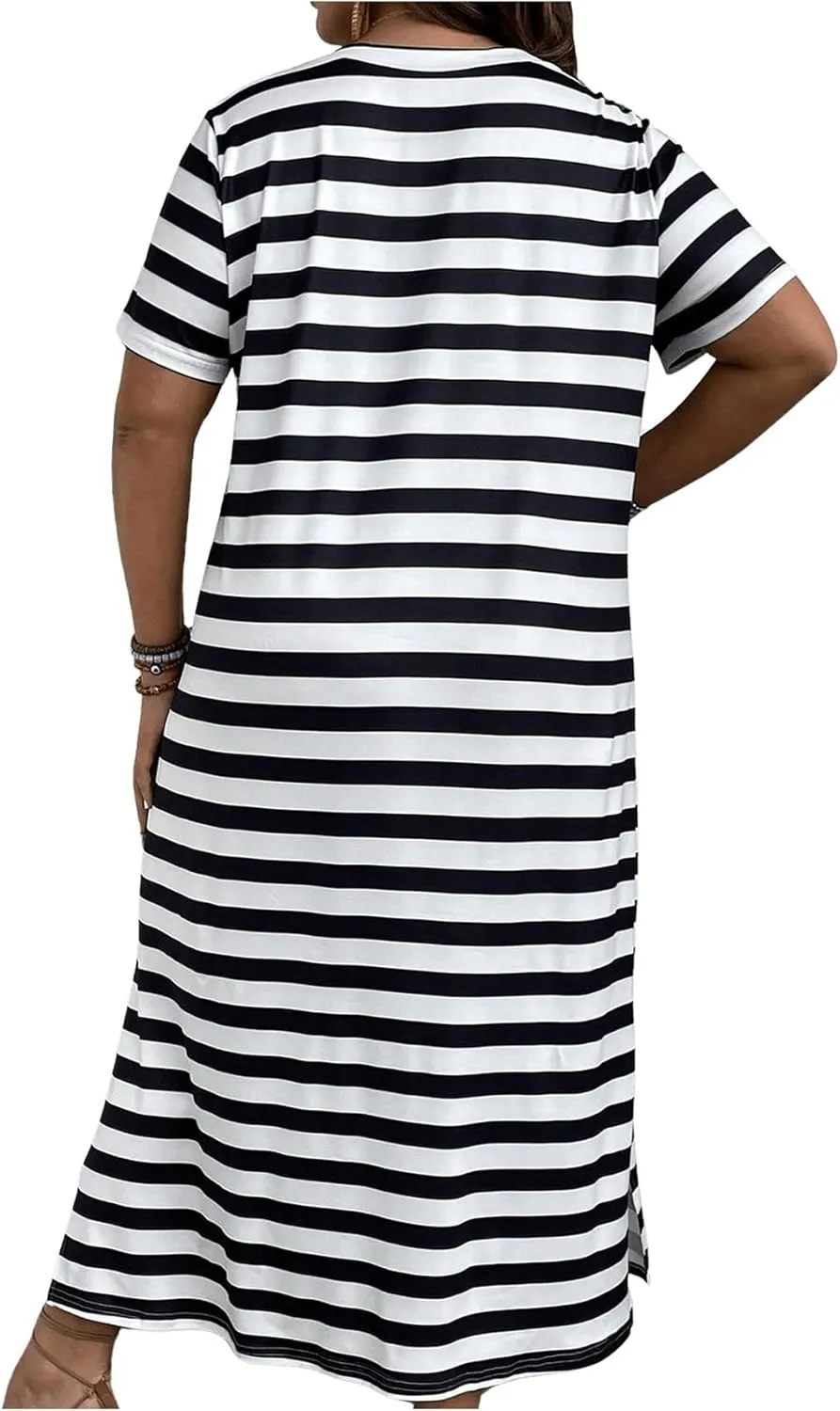 Women's Plus Size Striped Print Midi Dress Split Hem Dress Short Sleeve V Neck Long T Shirt Dresses