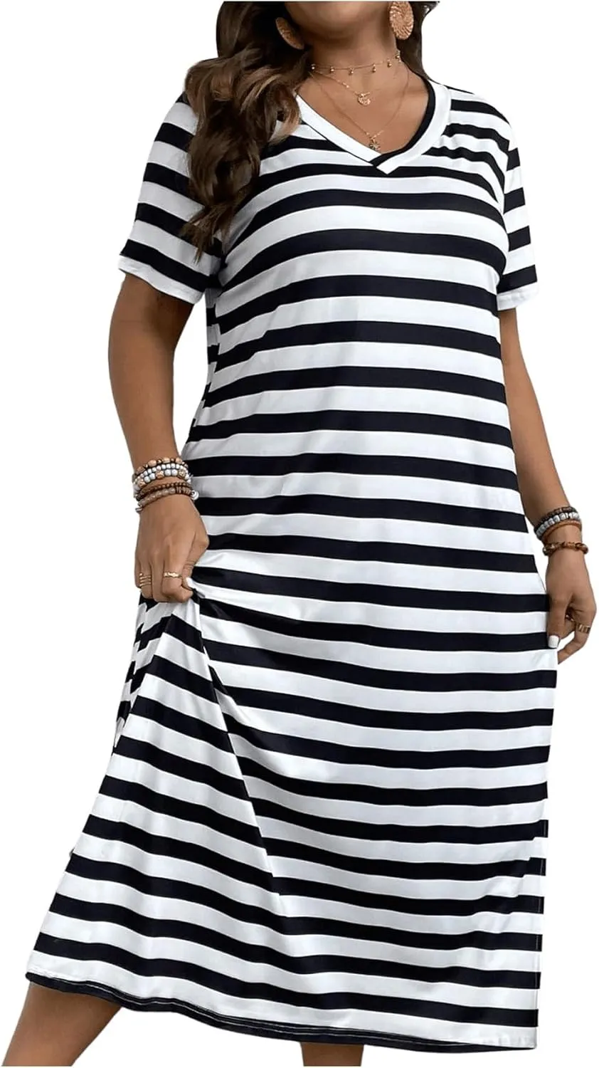 Women's Plus Size Striped Print Midi Dress Split Hem Dress Short Sleeve V Neck Long T Shirt Dresses