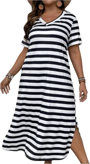 Women's Plus Size Striped Print Midi Dress Split Hem Dress Short Sleeve V Neck Long T Shirt Dresses