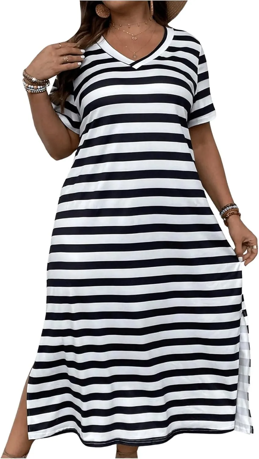 Women's Plus Size Striped Print Midi Dress Split Hem Dress Short Sleeve V Neck Long T Shirt Dresses
