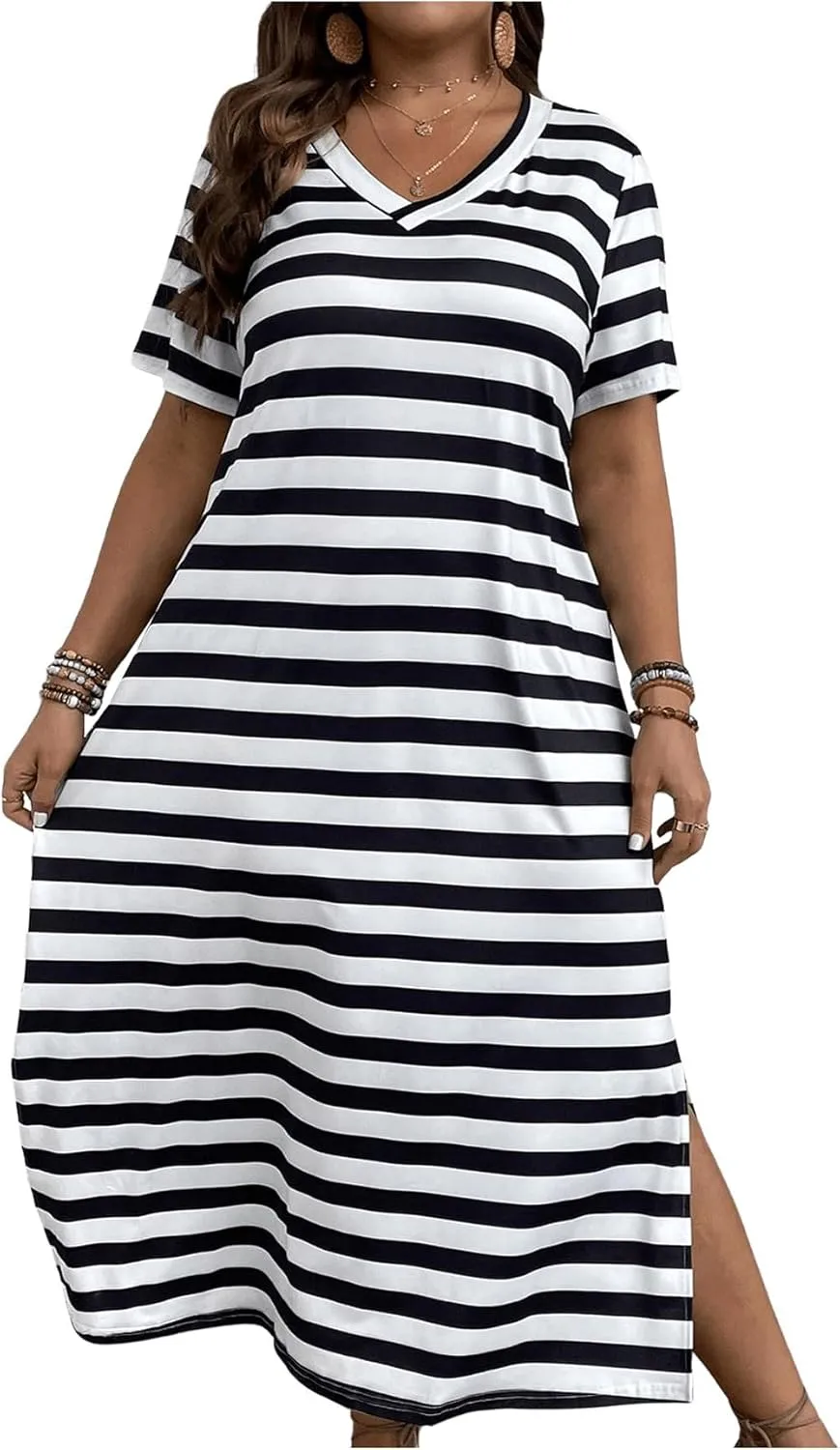 Women's Plus Size Striped Print Midi Dress Split Hem Dress Short Sleeve V Neck Long T Shirt Dresses