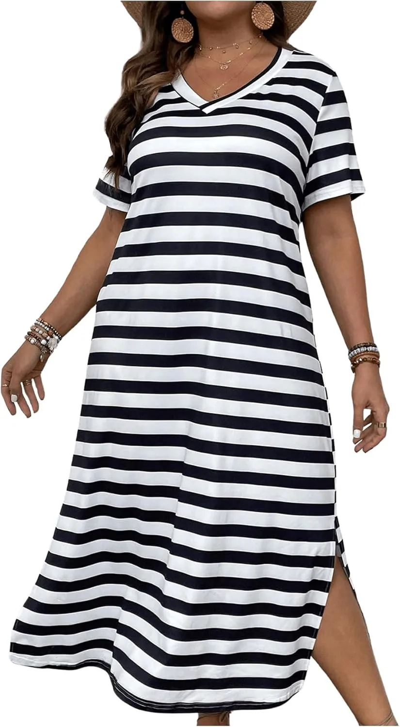 Women's Plus Size Striped Print Midi Dress Split Hem Dress Short Sleeve V Neck Long T Shirt Dresses