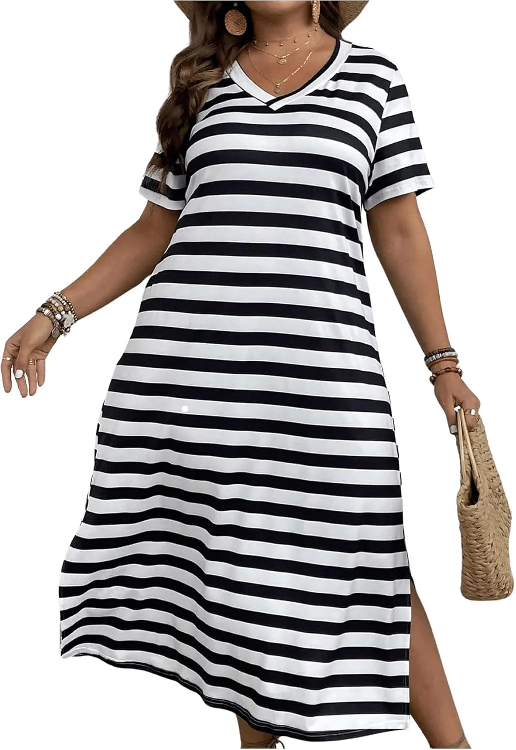 Women's Plus Size Striped Print Midi Dress Split Hem Dress Short Sleeve V Neck Long T Shirt Dresses
