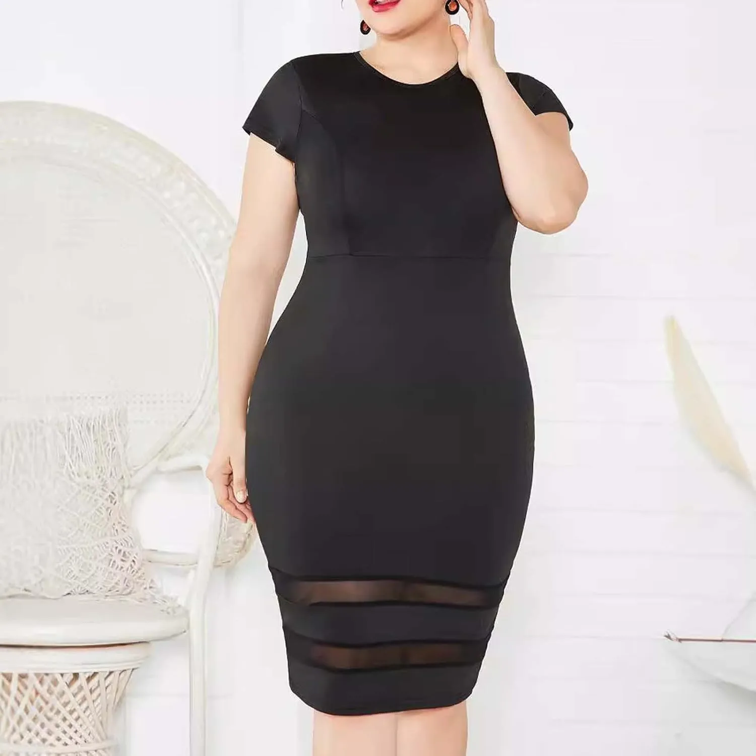 Women's Plus Size Summer T-Shirt Dresses Casual Crewneck Short Sleeve Lace Patchwork Bodycon Party Midi Formal Dress
