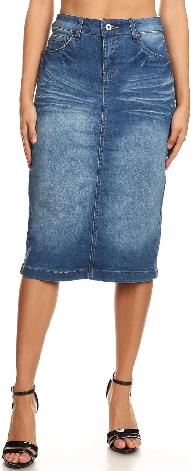 Womens Plus/Juniors Mid Waist Below Knee Length Denim Skirt in Pencil Silhouette