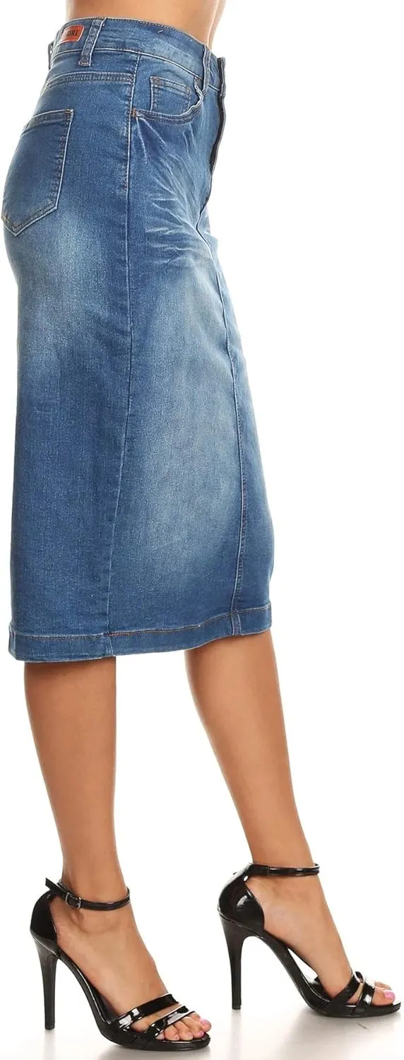 Womens Plus/Juniors Mid Waist Below Knee Length Denim Skirt in Pencil Silhouette