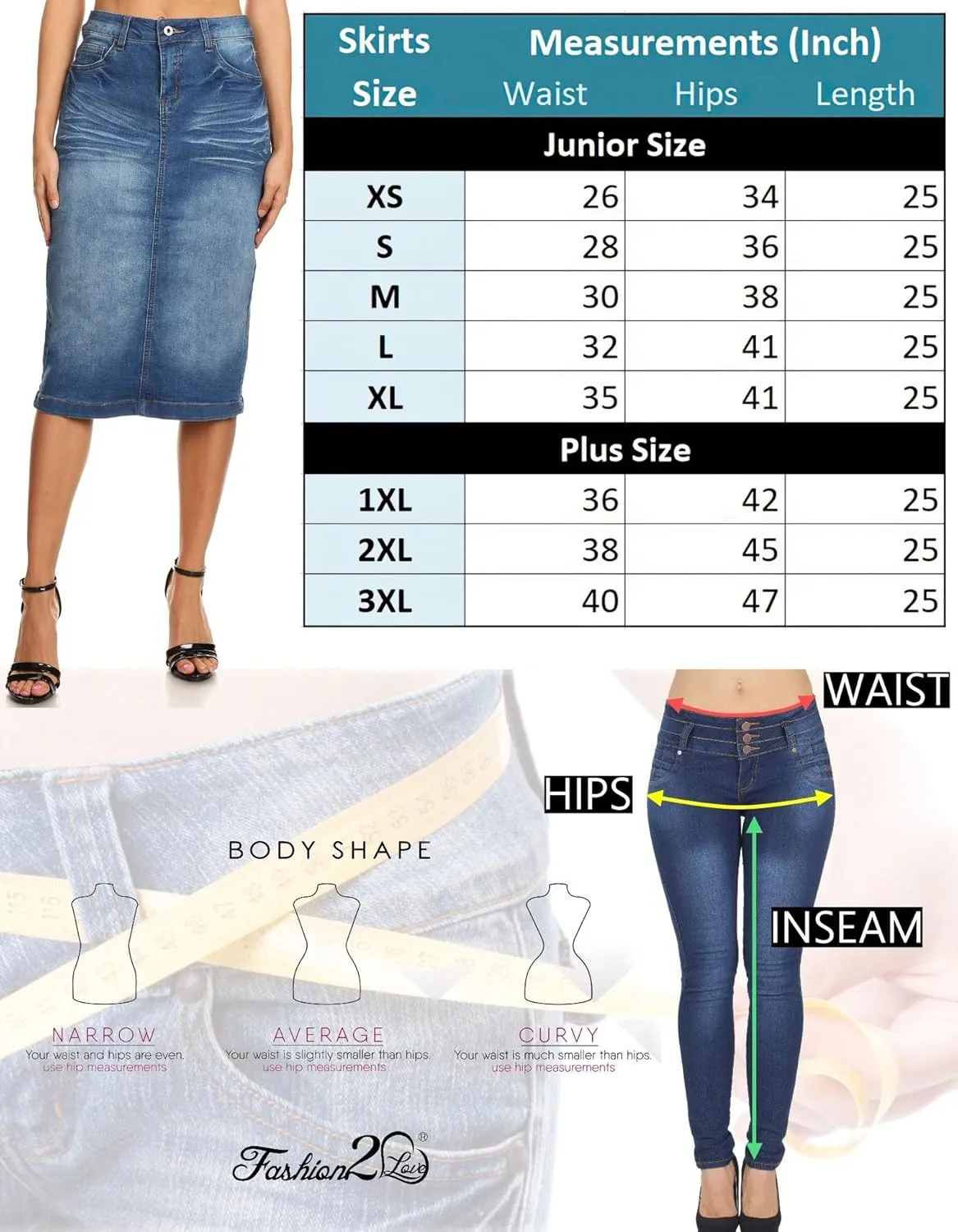 Womens Plus/Juniors Mid Waist Below Knee Length Denim Skirt in Pencil Silhouette