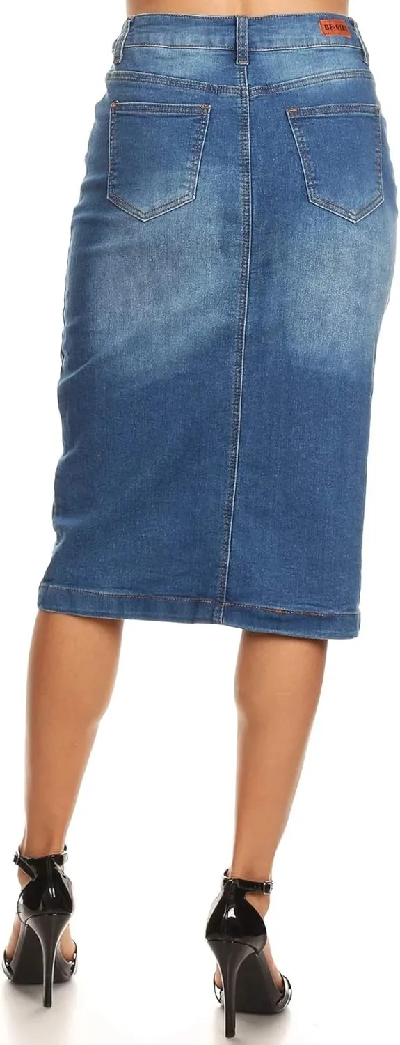 Womens Plus/Juniors Mid Waist Below Knee Length Denim Skirt in Pencil Silhouette
