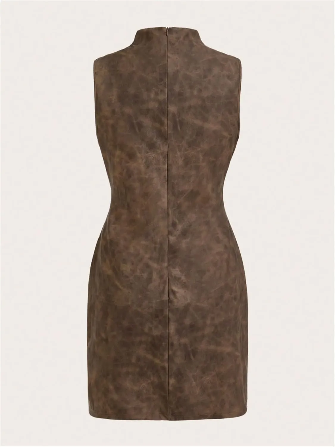Women's PU Leather Ruched Bodycon Dresses Mock Neck Sleeveless Zipper Mini Tank Dress