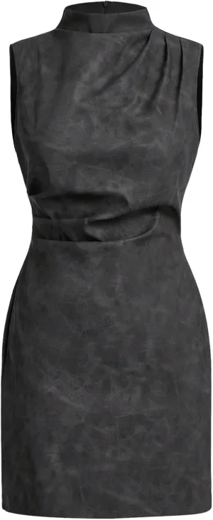 Women's PU Leather Ruched Bodycon Dresses Mock Neck Sleeveless Zipper Mini Tank Dress