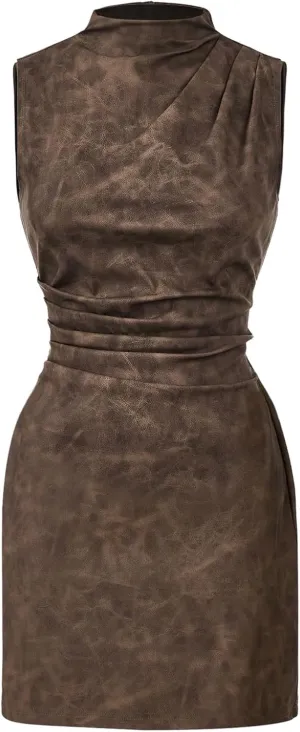 Women's PU Leather Ruched Bodycon Dresses Mock Neck Sleeveless Zipper Mini Tank Dress