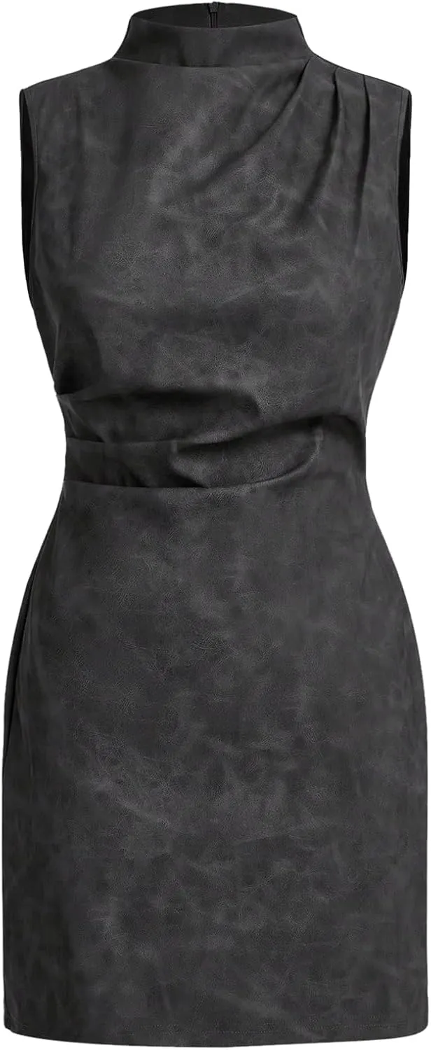 Women's PU Leather Ruched Bodycon Dresses Mock Neck Sleeveless Zipper Mini Tank Dress