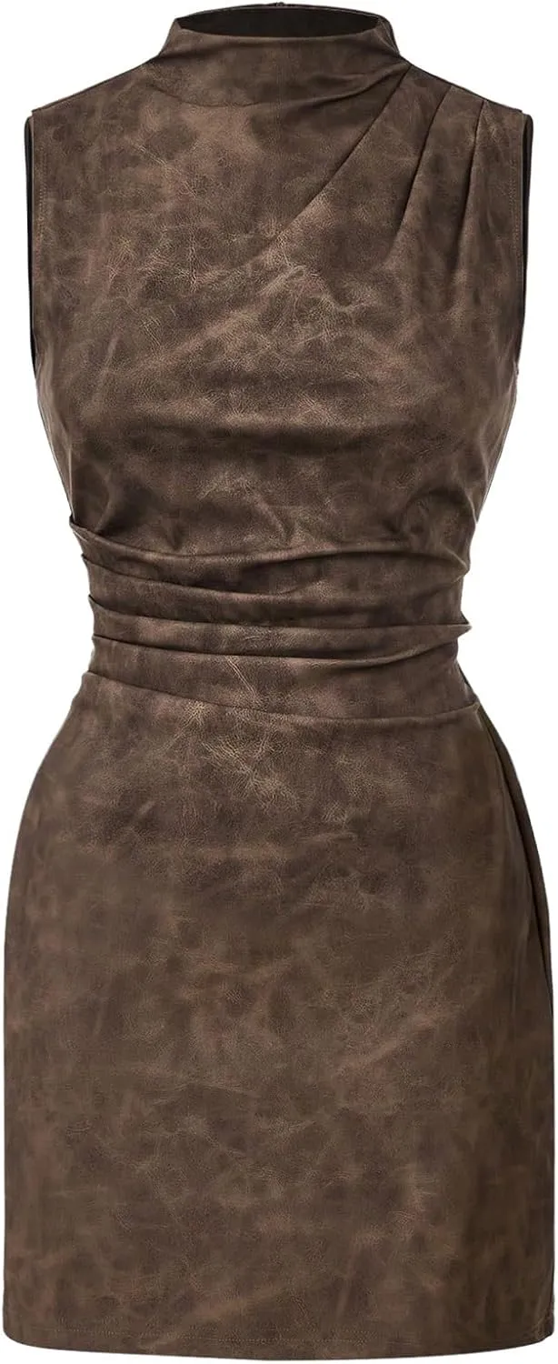 Women's PU Leather Ruched Bodycon Dresses Mock Neck Sleeveless Zipper Mini Tank Dress