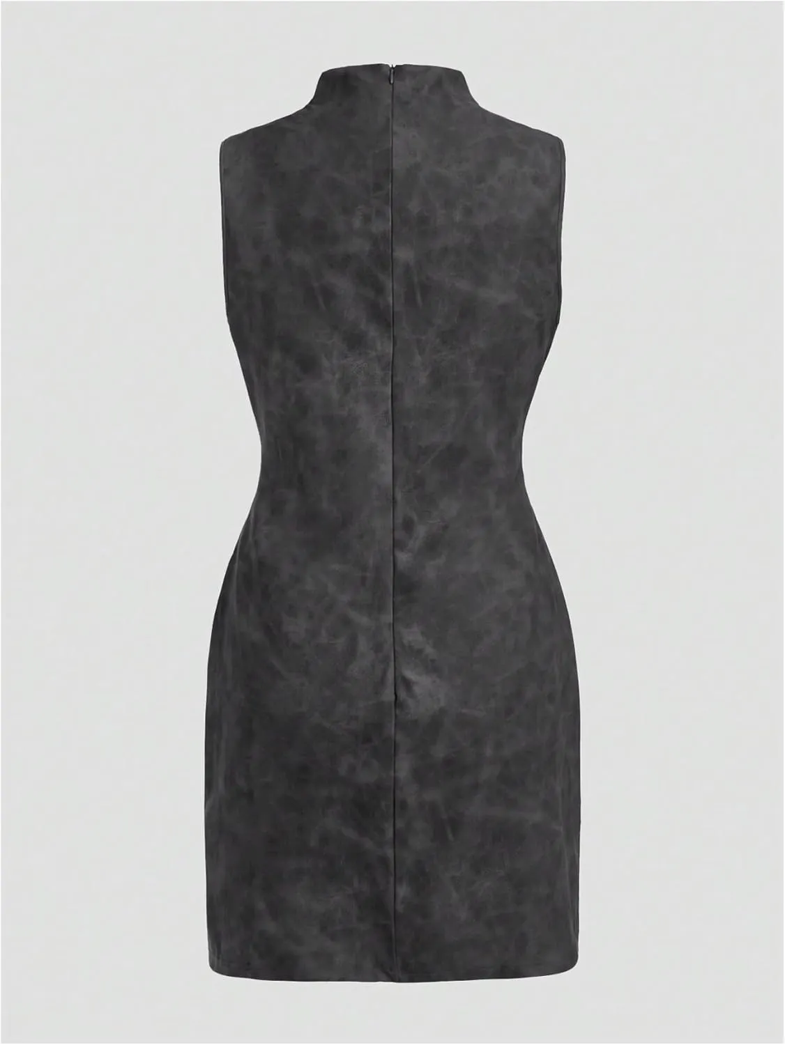 Women's PU Leather Ruched Bodycon Dresses Mock Neck Sleeveless Zipper Mini Tank Dress