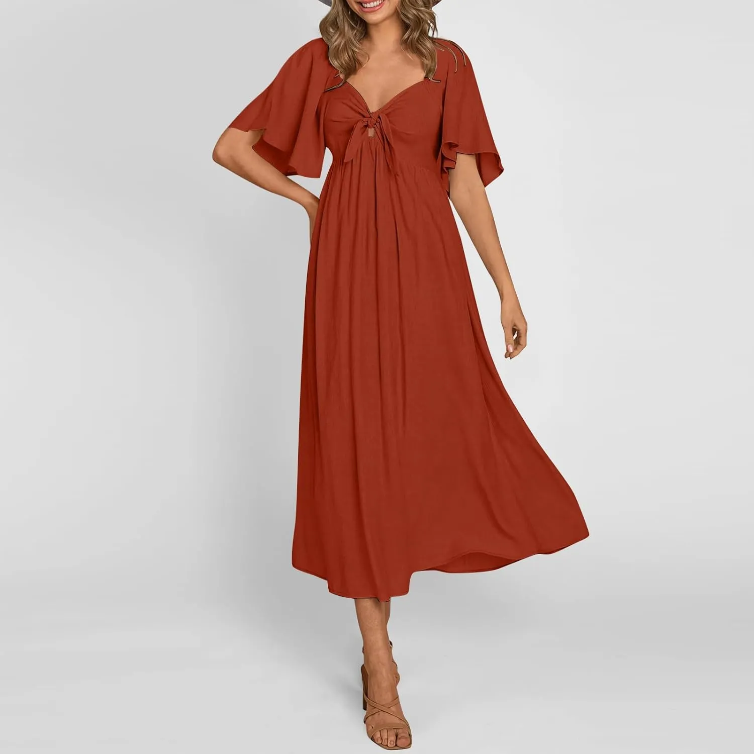 Womens Ruffled Sleeve Midi Dress Elegant Tie V Neck High Waist Summer Dress Casual Hem A-Line Flowy Maxi Dresses