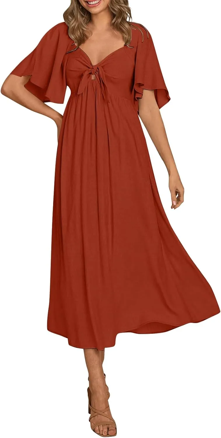 Womens Ruffled Sleeve Midi Dress Elegant Tie V Neck High Waist Summer Dress Casual Hem A-Line Flowy Maxi Dresses