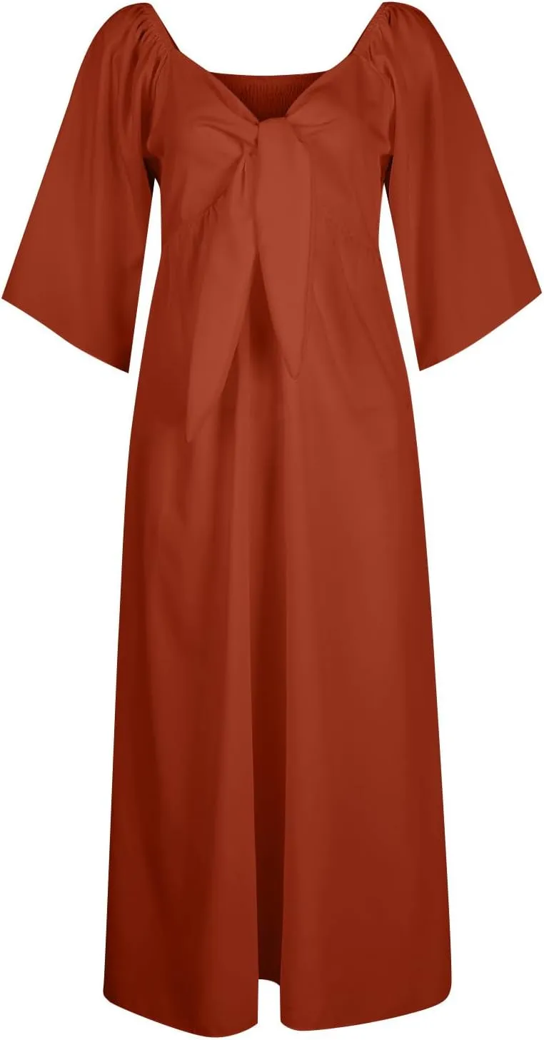 Womens Ruffled Sleeve Midi Dress Elegant Tie V Neck High Waist Summer Dress Casual Hem A-Line Flowy Maxi Dresses