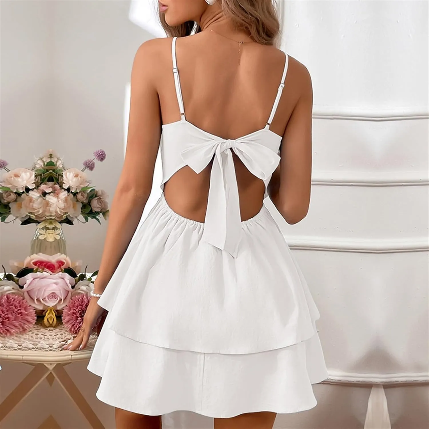 Women's Sexy Backless Halter Dress with Adjustable Bow - Summer V-Neck Mini Dress for Parties
