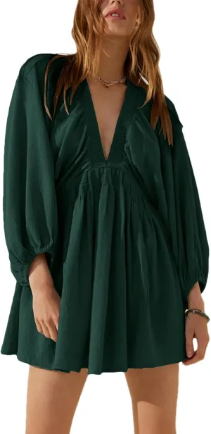 Women's Sexy Long Sleeve V Neck Tunic Dress Casual Loose Flowy Mini Swing Shift Dresses