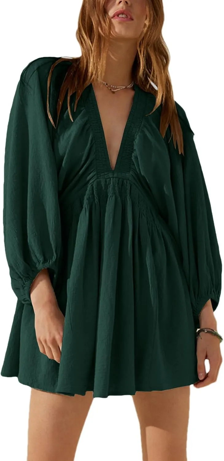 Women's Sexy Long Sleeve V Neck Tunic Dress Casual Loose Flowy Mini Swing Shift Dresses