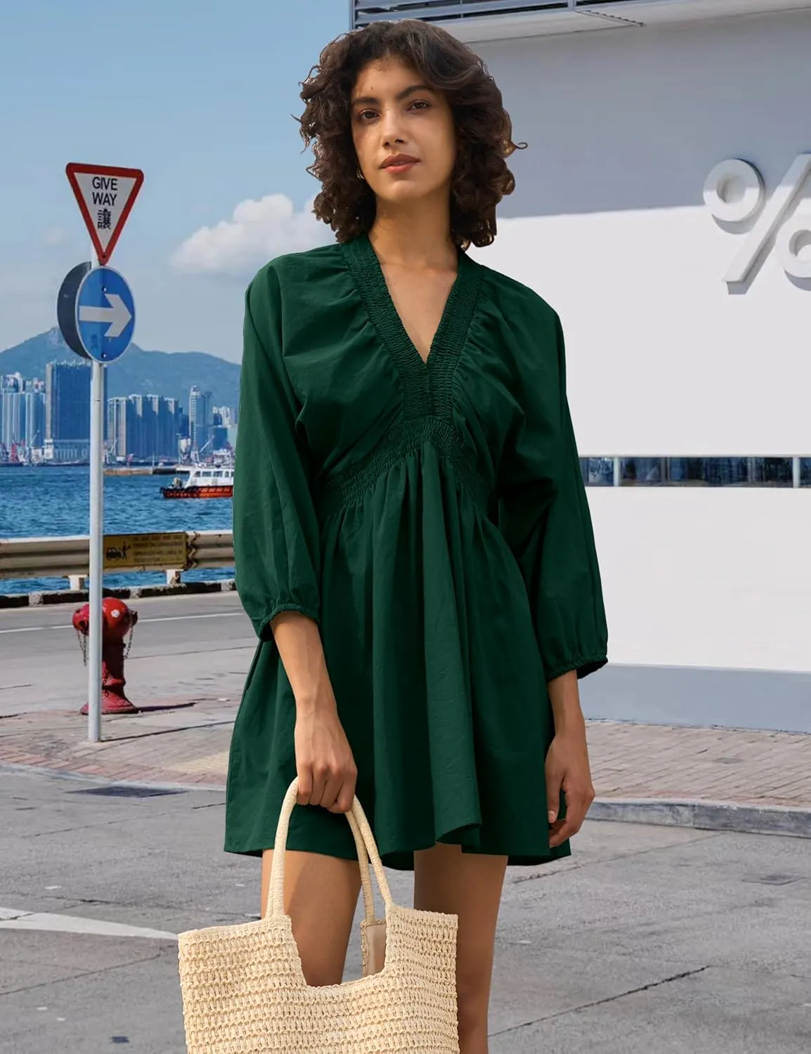 Women's Sexy Long Sleeve V Neck Tunic Dress Casual Loose Flowy Mini Swing Shift Dresses