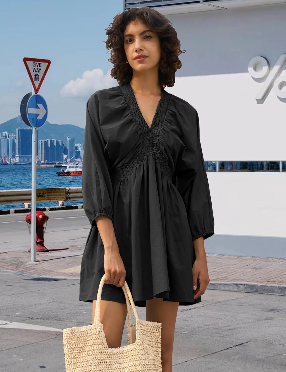 Women's Sexy Long Sleeve V Neck Tunic Dress Casual Loose Flowy Mini Swing Shift Dresses