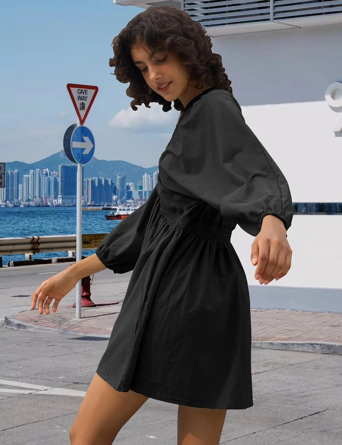 Women's Sexy Long Sleeve V Neck Tunic Dress Casual Loose Flowy Mini Swing Shift Dresses