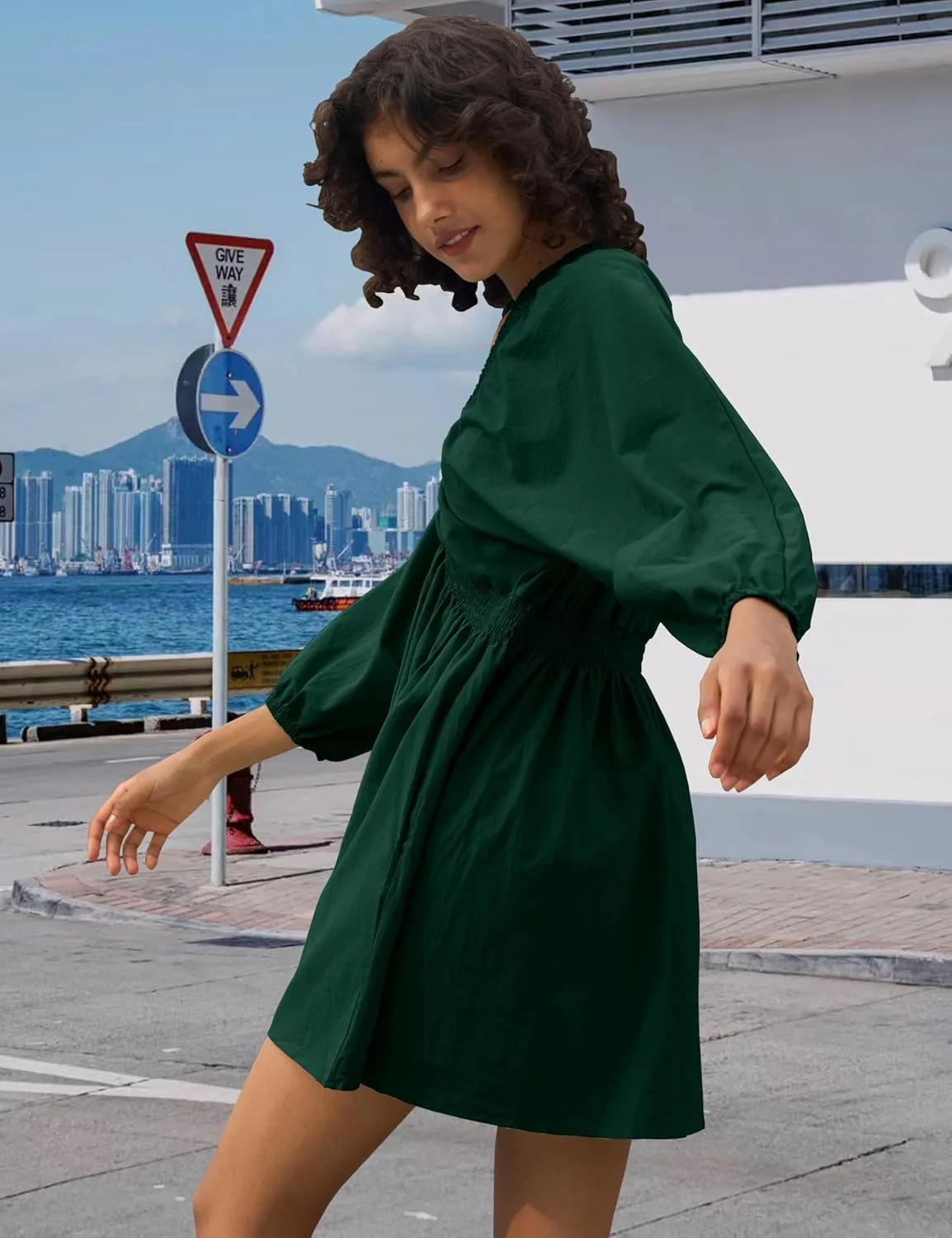 Women's Sexy Long Sleeve V Neck Tunic Dress Casual Loose Flowy Mini Swing Shift Dresses