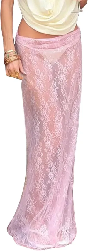 Women's Sheer Lace Maxi Skirt Sexy Boho Flowy Long Beach Party Summer Skirt Transparent
