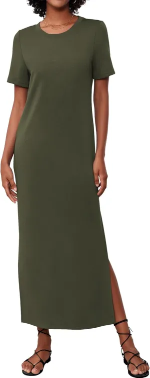 Women's Short Sleeve Double Split Maxi Dress 2025 Summer Casual Plain Striped Loose Long T Shirt Dresses