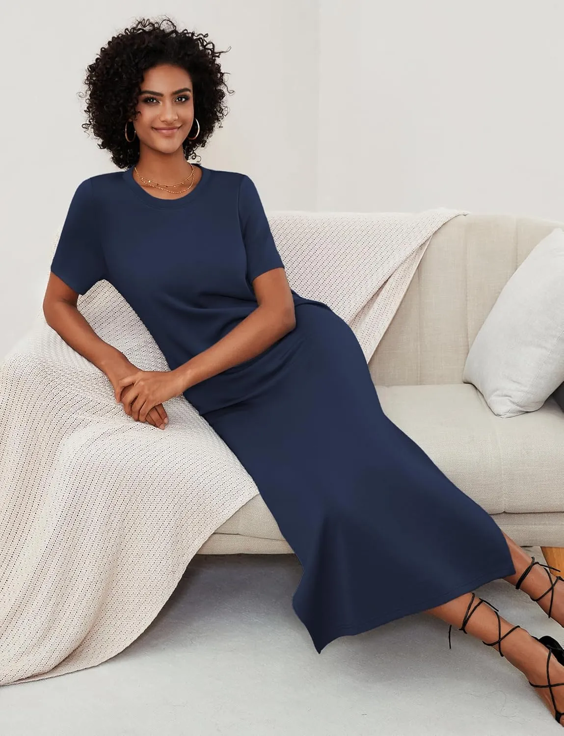 Women's Short Sleeve Double Split Maxi Dress 2025 Summer Casual Plain Striped Loose Long T Shirt Dresses