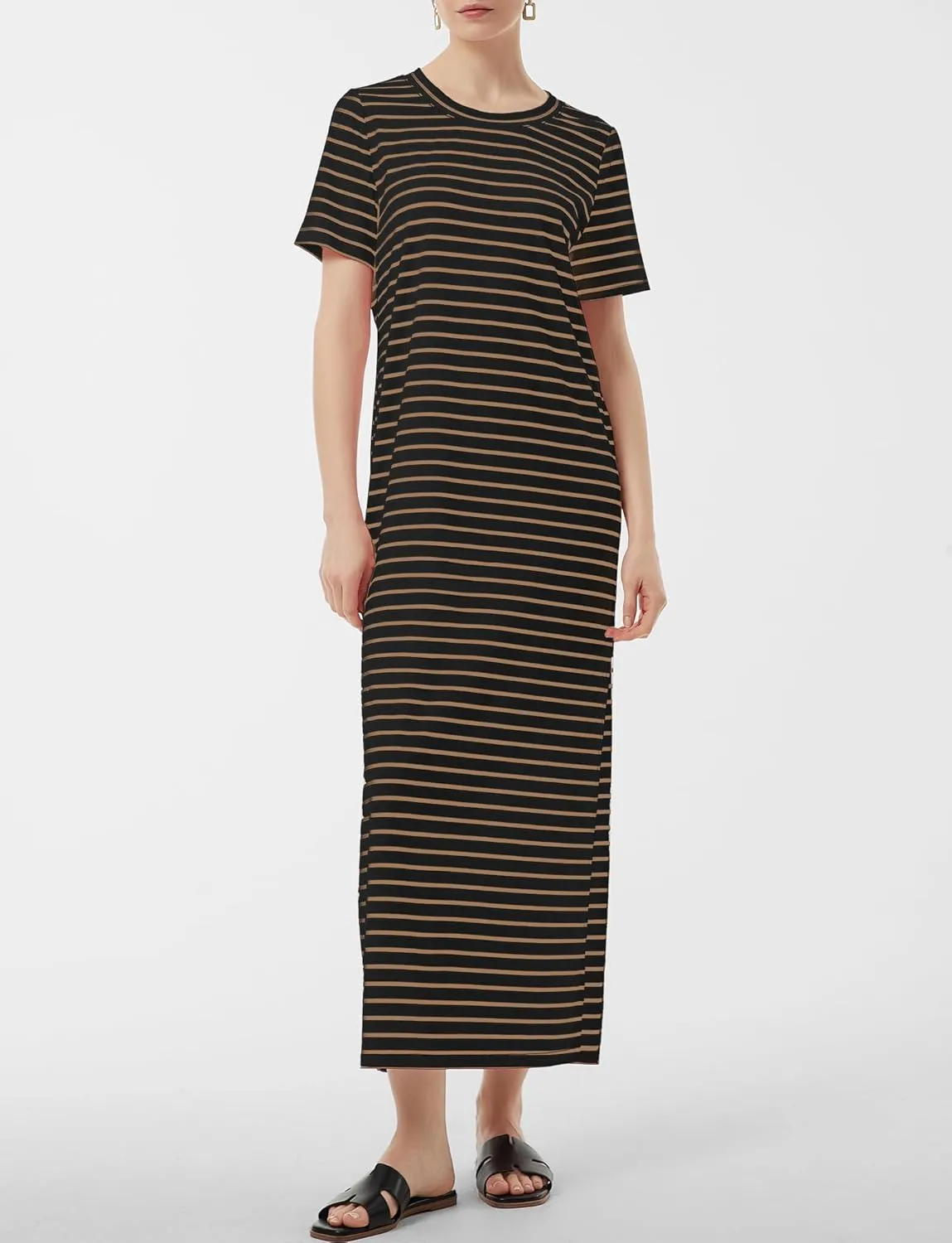 Women's Short Sleeve Double Split Maxi Dress 2025 Summer Casual Plain Striped Loose Long T Shirt Dresses