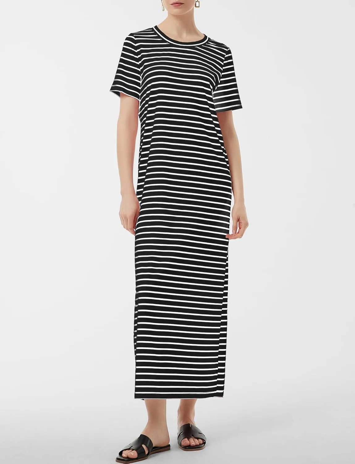 Women's Short Sleeve Double Split Maxi Dress 2025 Summer Casual Plain Striped Loose Long T Shirt Dresses