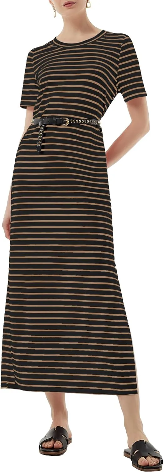 Women's Short Sleeve Double Split Maxi Dress 2025 Summer Casual Plain Striped Loose Long T Shirt Dresses