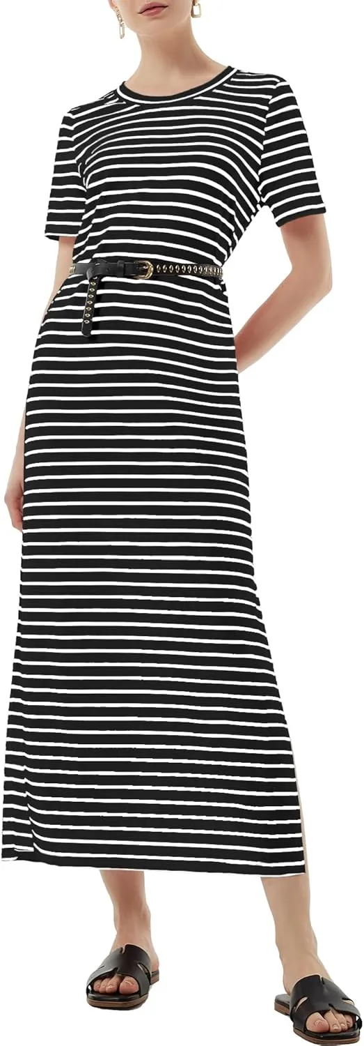 Women's Short Sleeve Double Split Maxi Dress 2025 Summer Casual Plain Striped Loose Long T Shirt Dresses