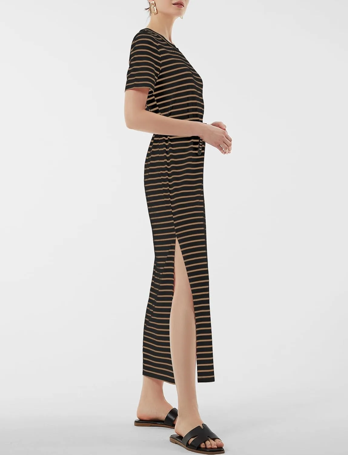 Women's Short Sleeve Double Split Maxi Dress 2025 Summer Casual Plain Striped Loose Long T Shirt Dresses