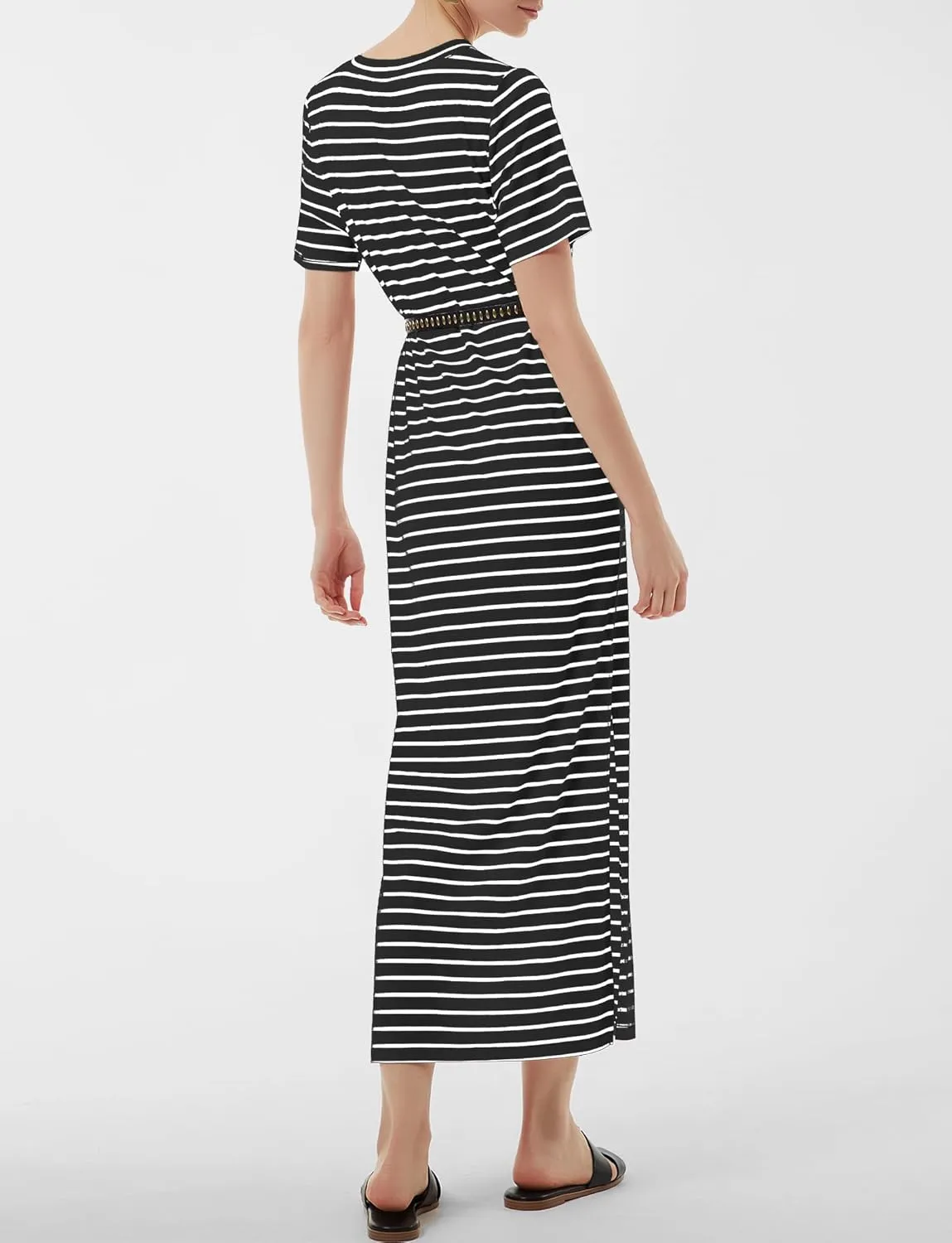 Women's Short Sleeve Double Split Maxi Dress 2025 Summer Casual Plain Striped Loose Long T Shirt Dresses