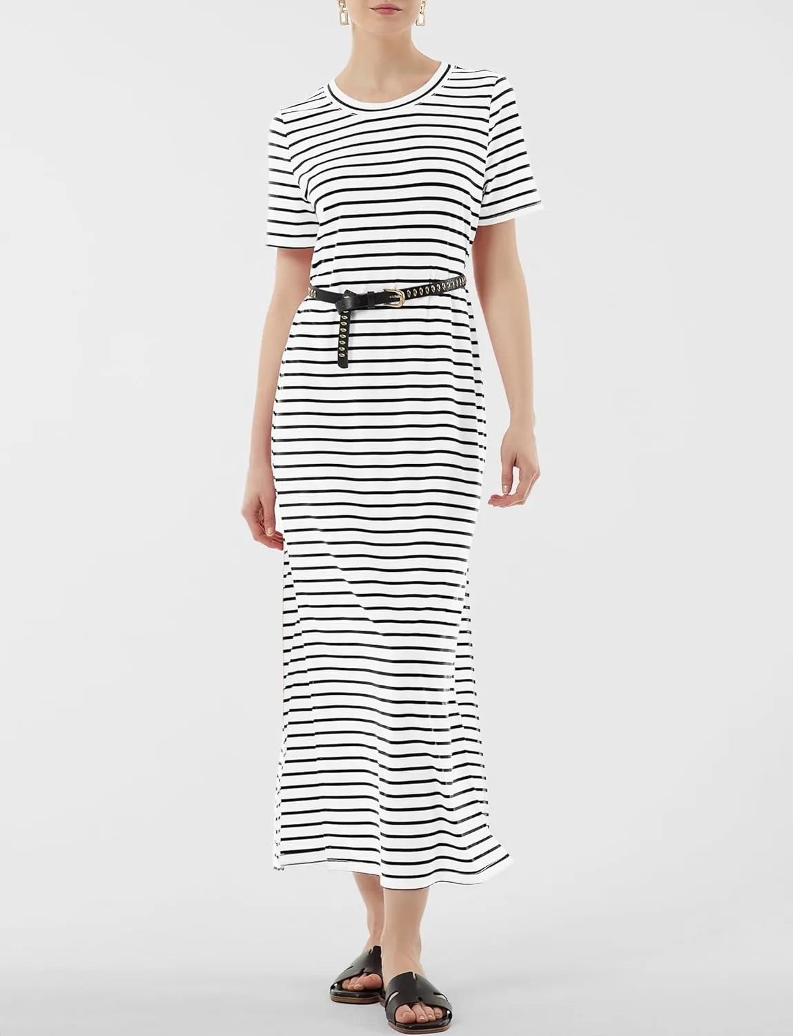 Women's Short Sleeve Double Split Maxi Dress 2025 Summer Casual Plain Striped Loose Long T Shirt Dresses